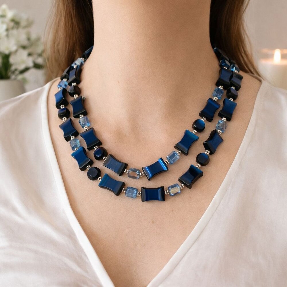 Vintage Necklace Double Strand Blue Beaded Silver Tone Box Clasp Retro Jewelry